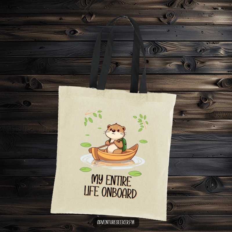 Funny Otter Leaf Boat Tote Bag. A determined otter with a backpack paddles a leaf across a pond, ideal for adventure gear.