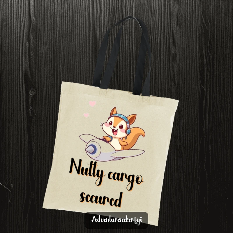 Funny tote bag with a giggling squirrel pilot character joyfully flying a tiny plane, ideal for carrying items.