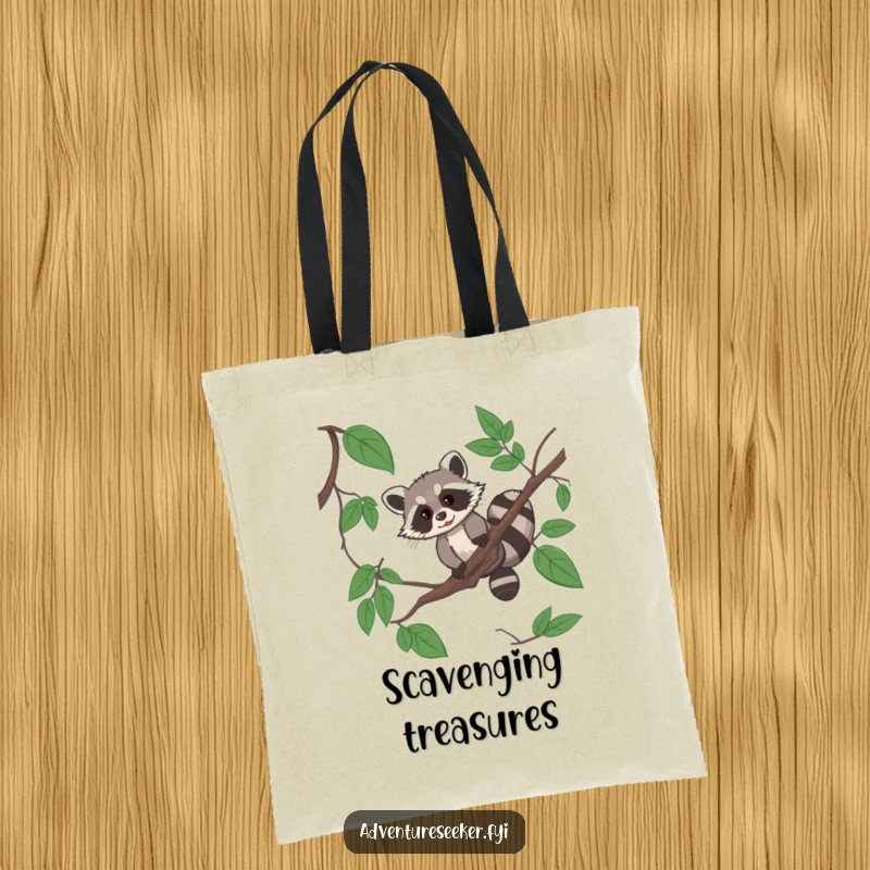 Funny raccoon acrobat tote bag with a resourceful raccoon swinging on a jungle vine, ready for any task.
