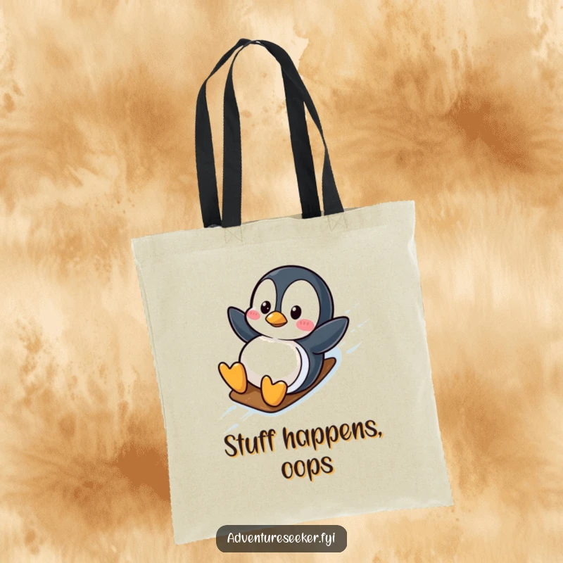 Funny wobbly penguin character on a tote bag, sliding down an icy slope with glee. A practical funny gift.