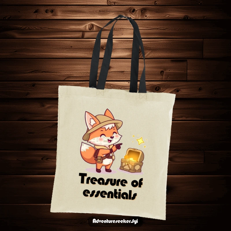 Funny tote bag with a happy fox explorer character pointing at a treasure chest, great for carrying finds and essentials.
